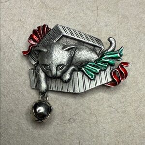 JJ Silver Cat Brooch with Red and Green Accents
